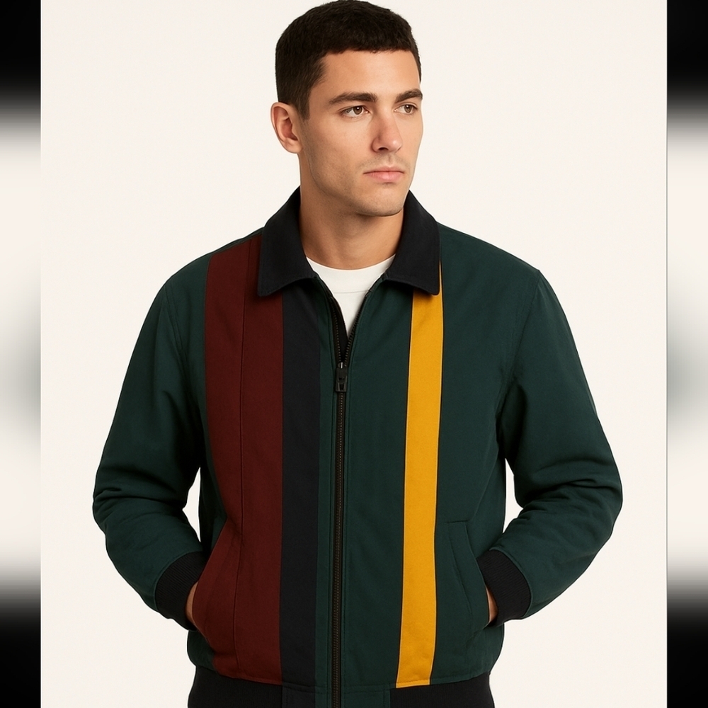 Vintage Tommy Hilfiger Men's Striped Bomber Jacket - Green, Maroon, Yellow